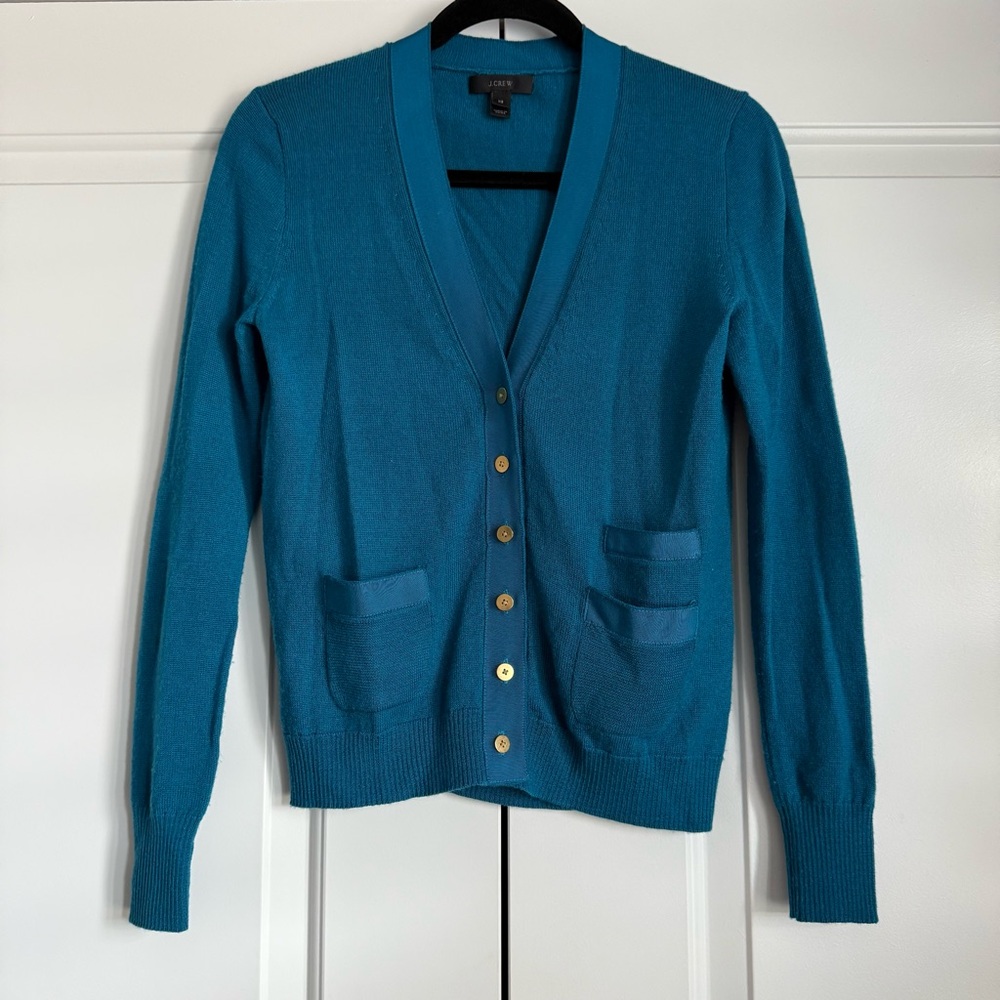 J. Crew 100% Merino Wool Button-Up V-neck Cardigan Teal Size XS